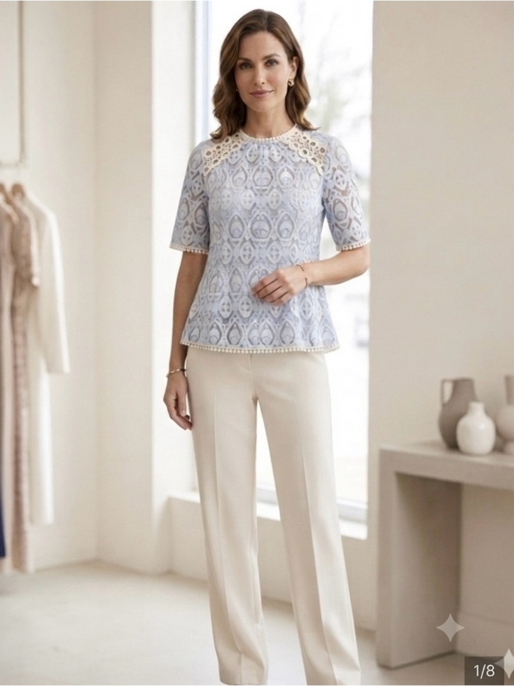 HD in Paris Light Blue Lace Overlay Short Sleeve Blouse with Cream Trim
